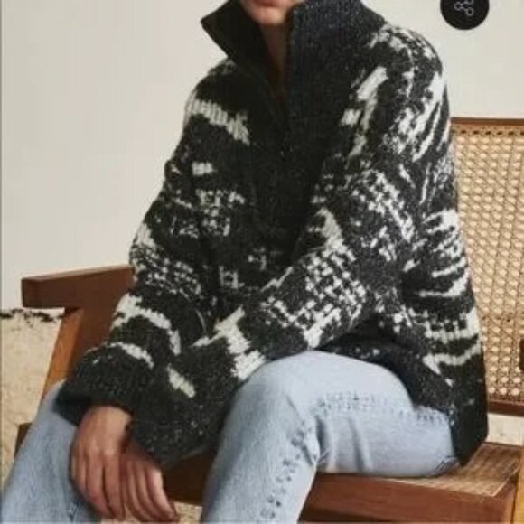 John + Jenn Oversized Quarter Zip Pullover Sweater Fuzy Black White Small - Picture 1 of 9